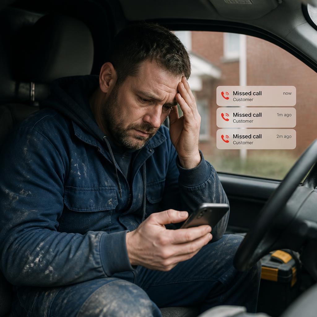Tradesman looking at missed call notifications on his phone in a work van
