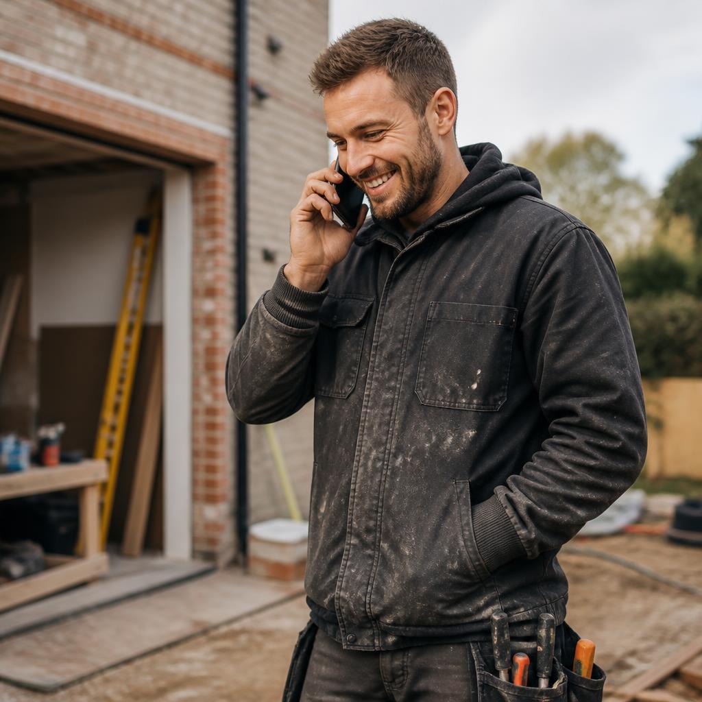UK contractor smiling while taking a booking call on a job site